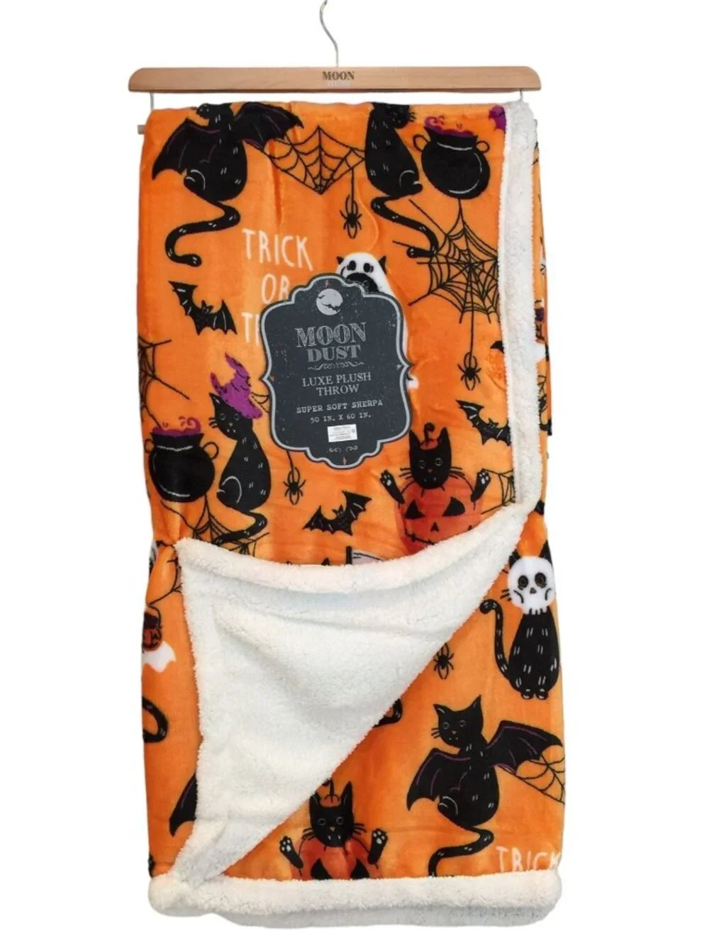 Moon Dust Halloween Black Cats in Costumes Plush Sherpa Throw Ghost Jack o Lante